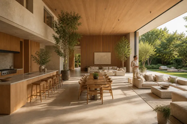 Mansion-scale oak kitchen and dining hall opening to a garden with a man standing beside a distant linen sofa