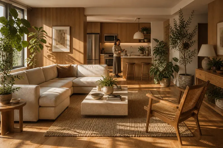 Wood-tone naturalist apartment living room with linen sofa, stone table, many plants, and a woman making coffee in late afternoon side light